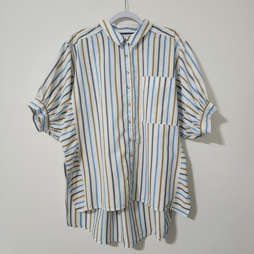 Pilcro Painter Buttondown Shirt Womens L White Blue Black Brown Anthropologie - Picture 2 of 9